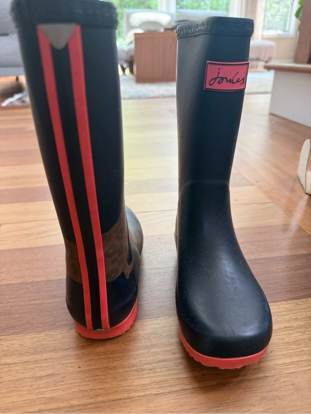 Joules Navy Kids Roll-Up Rain Boots with Pink Trim and Dachshund Motif